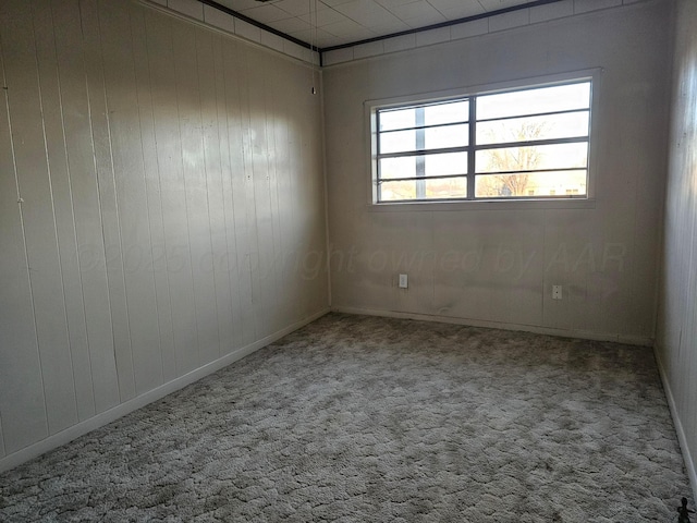 carpeted empty room featuring wooden walls