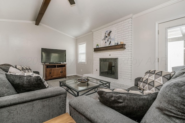 living room featuring carpet, lofted ceiling with beams, crown molding, and a fireplace