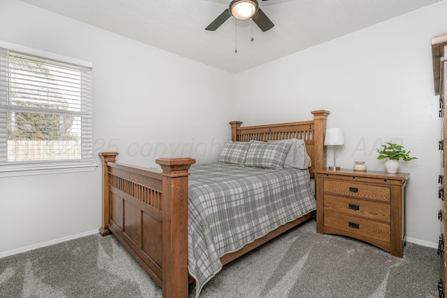 bedroom with ceiling fan and carpet floors