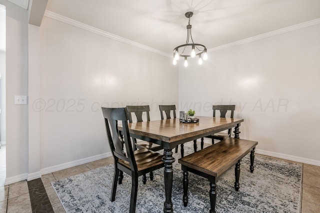 tiled dining room with crown molding and an inviting chandelier