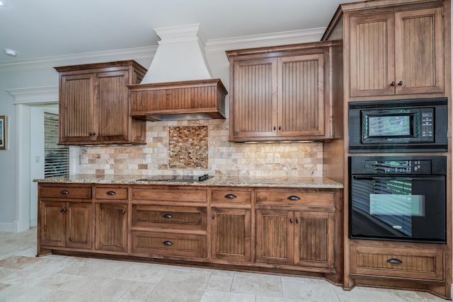 7601 Continental Pkwy, Amarillo, TX 79119 - kitchen featuring black appliances, custom range hood, light stone counters, backsplash, and ornamental molding