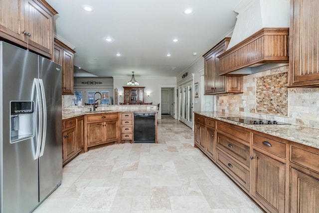 7601 Continental Pkwy, Amarillo, TX 79119 - kitchen with black appliances, custom range hood, a peninsula, crown molding, and decorative backsplash