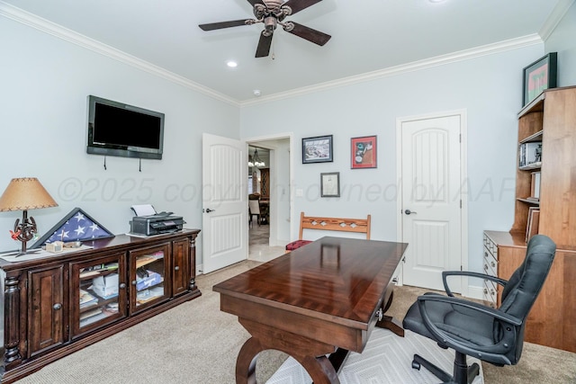 7601 Continental Pkwy, Amarillo, TX 79119 - office with light colored carpet, a ceiling fan, crown molding, and recessed lighting