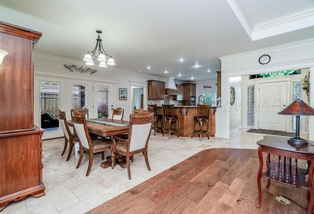 7601 Continental Pkwy, Amarillo, TX 79119 - dining room with ornamental molding, a chandelier, french doors, and recessed lighting