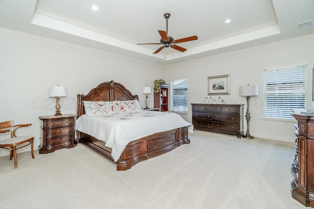 7601 Continental Pkwy, Amarillo, TX 79119 - bedroom with a raised ceiling, light carpet, ornamental molding, recessed lighting, and a ceiling fan