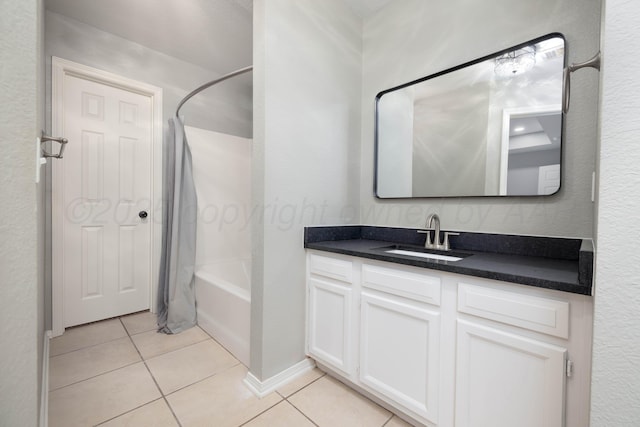 7703 Fresno Dr, Amarillo, TX 79118 - bathroom with shower / bathtub combination with curtain, tile patterned flooring, and vanity