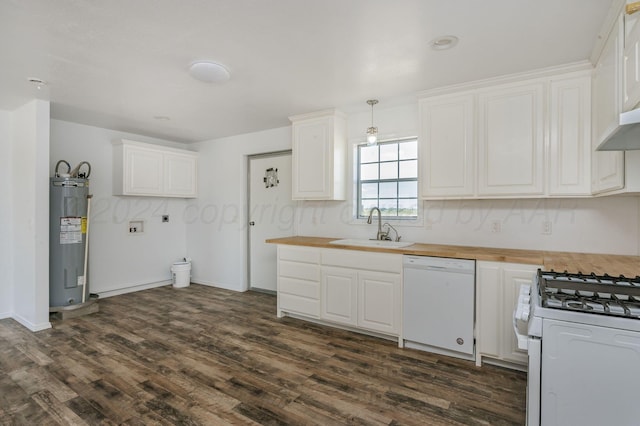 kitchen featuring sink, electric water heater, decorative light fixtures, white appliances, and white cabinets