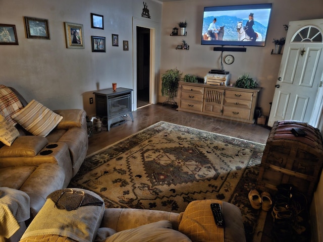 living area featuring a wood stove and wood finished floors