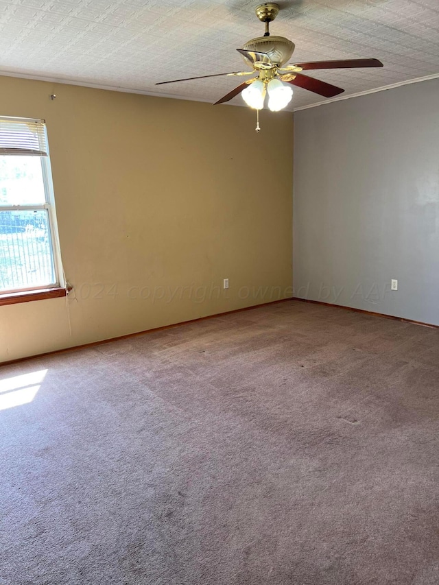 carpeted spare room featuring ceiling fan, a textured ceiling, and ornamental molding