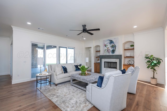 9504 Stonecrest Dr, Amarillo, TX 79118 - living area with a ceiling fan, crown molding, a fireplace, baseboards, and recessed lighting