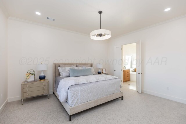 9504 Stonecrest Dr, Amarillo, TX 79118 - bedroom with ornamental molding, light colored carpet, baseboards, recessed lighting, and ensuite bath