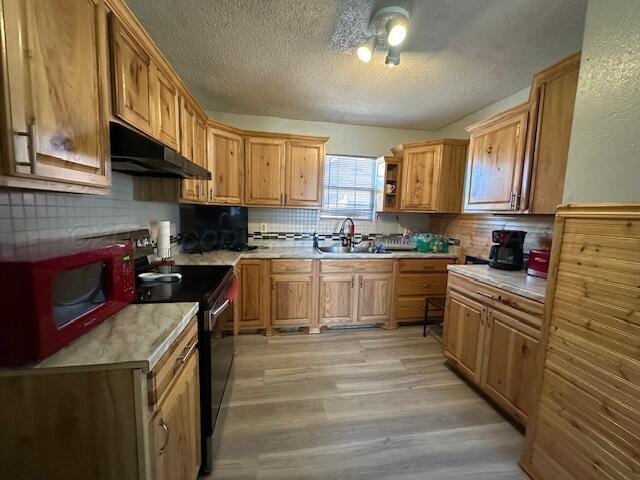 kitchen with decorative backsplash, light wood-style flooring, a sink, under cabinet range hood, and black electric range