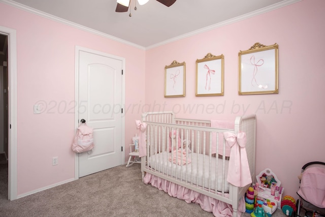 bedroom with carpet flooring, a ceiling fan, a nursery area, and ornamental molding