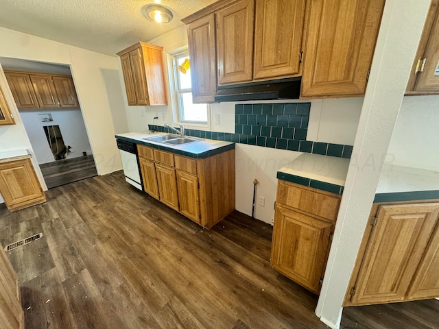 kitchen featuring a sink, dark wood finished floors, a textured ceiling, and dishwasher