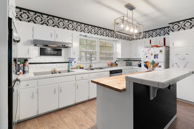 2209 N Beech Ln, Pampa, TX 79065 - kitchen featuring freestanding refrigerator, black electric cooktop, a sink, a textured ceiling, and dishwasher