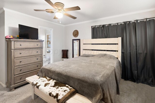 2209 N Beech Ln, Pampa, TX 79065 - bedroom with ornamental molding, light carpet, ensuite bathroom, ceiling fan, and baseboards