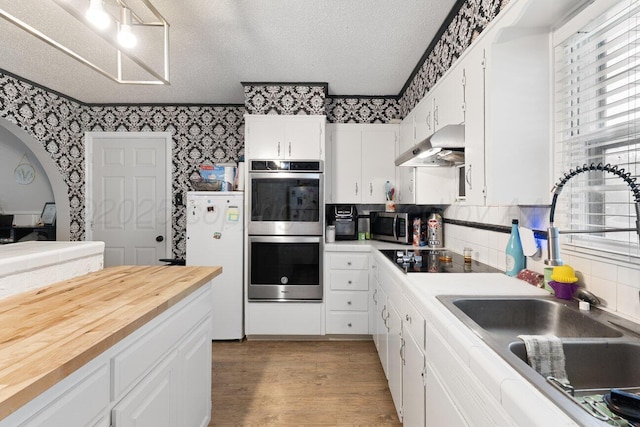 2209 N Beech Ln, Pampa, TX 79065 - kitchen with under cabinet range hood, appliances with stainless steel finishes, a sink, wallpapered walls, and white cabinetry