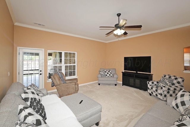 6501 Nancy Ellen St, Amarillo, TX 79119 - living room with crown molding, ceiling fan, and carpet flooring