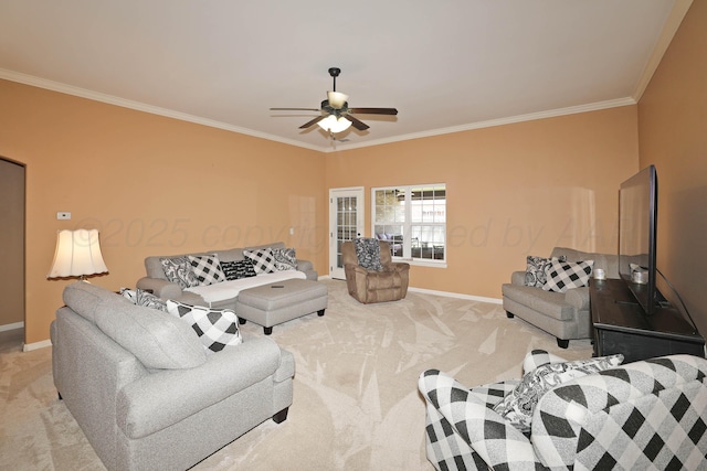 6501 Nancy Ellen St, Amarillo, TX 79119 - living room with light carpet, ornamental molding, and a ceiling fan