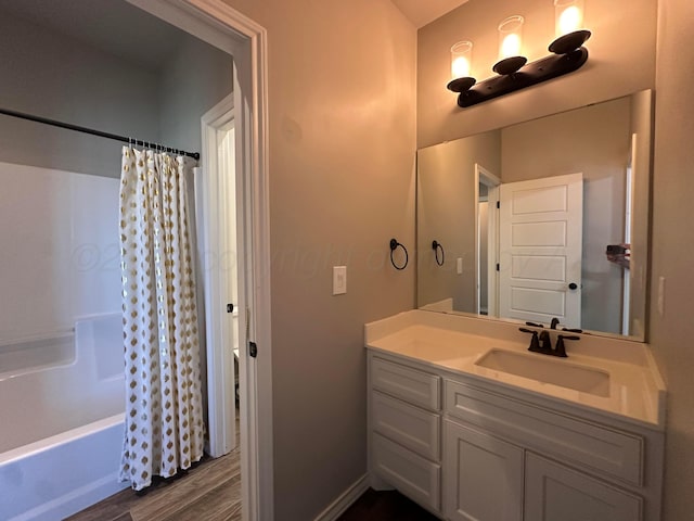 17901 19th St, Amarillo, TX 79124 - full bath with wood finished floors, vanity, and shower / bath combination with curtain