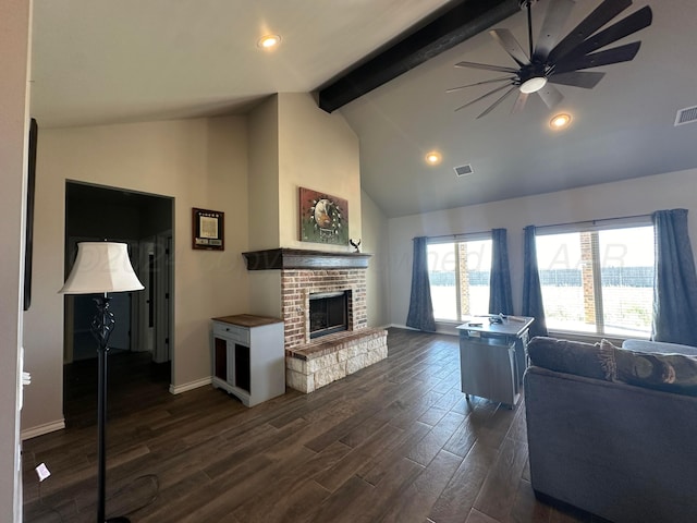 17901 19th St, Amarillo, TX 79124 - living area featuring beam ceiling, a ceiling fan, dark wood-style flooring, a fireplace, and baseboards