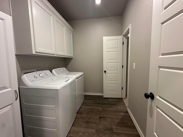 17901 19th St, Amarillo, TX 79124 - laundry room featuring independent washer and dryer, cabinet space, baseboards, and dark wood finished floors