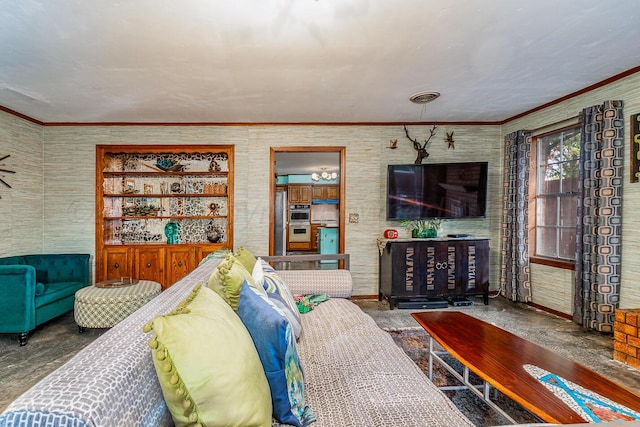 living room with crown molding