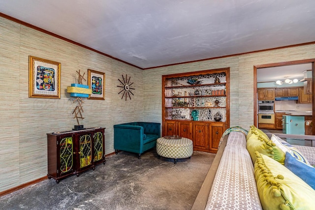 living area featuring ornamental molding