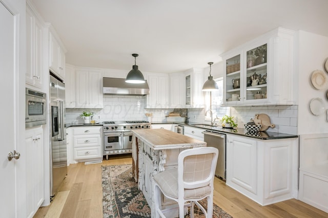 kitchen featuring light wood finished floors, premium appliances, a sink, and wall chimney range hood
