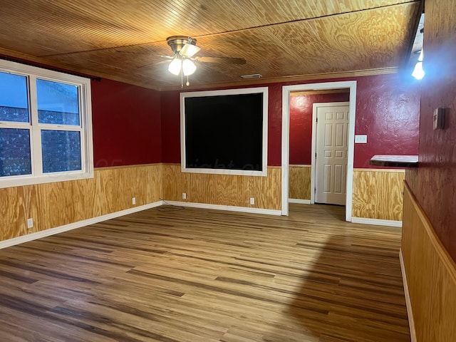 505 S Denton St, Booker, TX 79005 - unfurnished room featuring a ceiling fan, a wainscoted wall, wood finished floors, wood walls, and wood ceiling