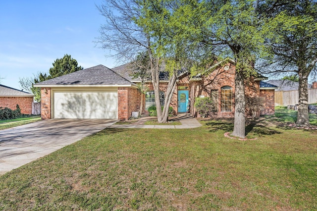 view of front of property with fence, a front lawn, brick siding, an attached garage, and concrete driveway