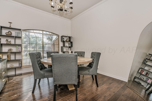 dining space featuring dark wood-type flooring, baseboards, a notable chandelier, and crown molding