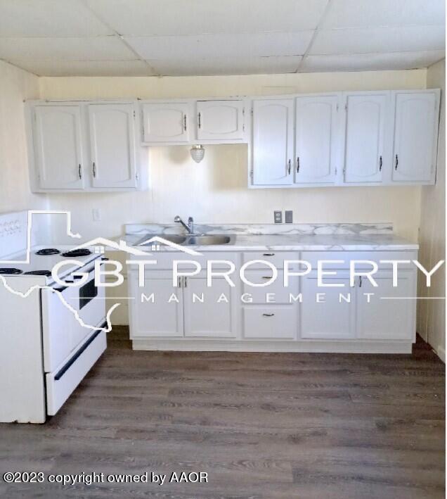 kitchen with white cabinets, sink, dark wood-type flooring, and white range