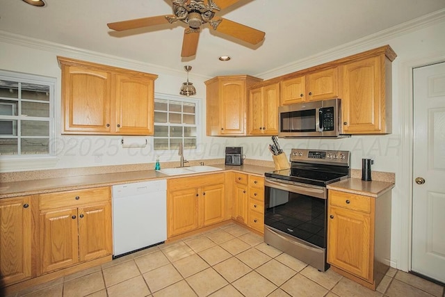 kitchen featuring crown molding, a sink, a ceiling fan, and stainless steel appliances