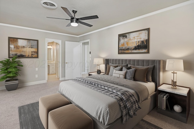 bedroom with visible vents, crown molding, baseboards, connected bathroom, and carpet