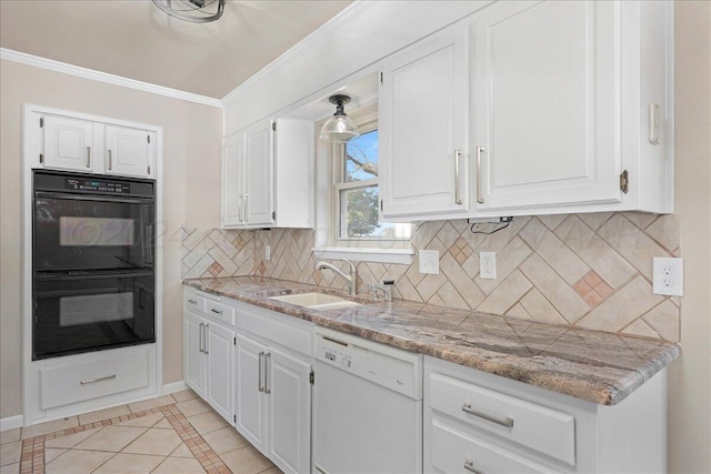 kitchen with crown molding, white dishwasher, a sink, dobule oven black, and white cabinetry
