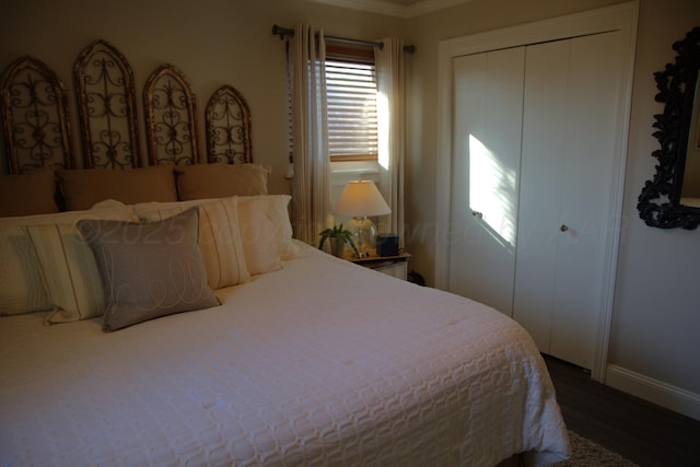 bedroom with dark hardwood / wood-style floors and a closet