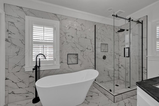 2411 S Lipscomb St, Amarillo, TX 79109 - bathroom featuring a freestanding tub, a marble finish shower, ornamental molding, vanity, and marble finish flooring