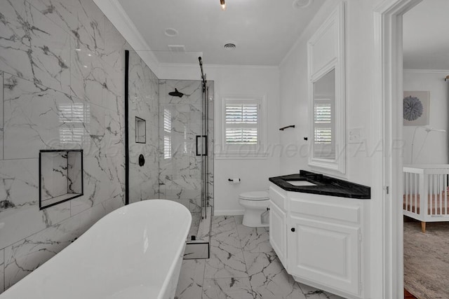 2411 S Lipscomb St, Amarillo, TX 79109 - full bathroom with a soaking tub, ornamental molding, a marble finish shower, marble finish flooring, and vanity