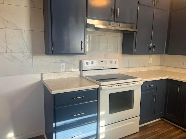 1902 Rogers St, Amarillo, TX 79106 - kitchen with white electric range oven, under cabinet range hood, blue cabinetry, and dark wood-style floors