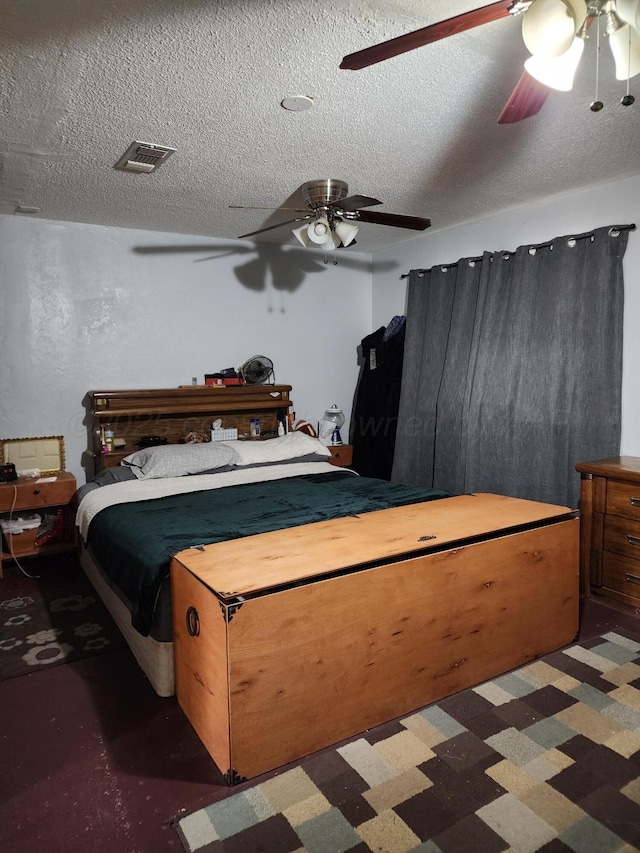 bedroom with visible vents, a textured ceiling, and ceiling fan