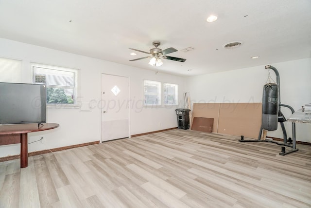 2738 Palm St, Amarillo, TX 79107 - workout room featuring a ceiling fan, light wood-style flooring, and recessed lighting