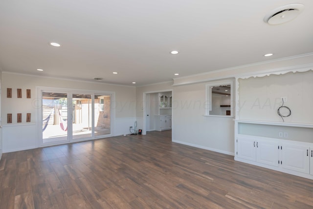 unfurnished living room featuring dark hardwood / wood-style floors and crown molding