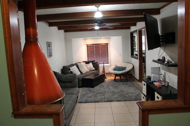2924 Carter St, Amarillo, TX 79103 - living room with beam ceiling, light tile patterned flooring, and a ceiling fan