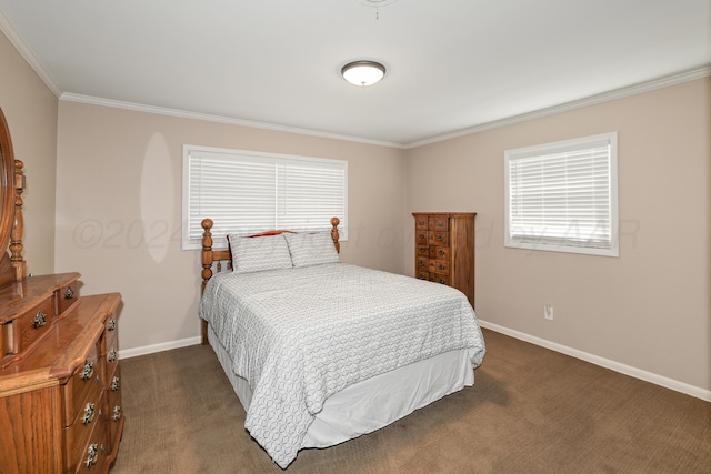 bedroom featuring dark carpet and ornamental molding