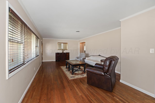 living room featuring dark hardwood / wood-style flooring and ornamental molding