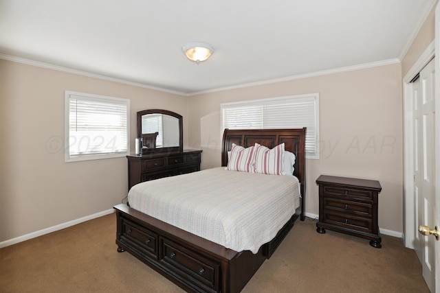 bedroom with crown molding, a closet, and light colored carpet