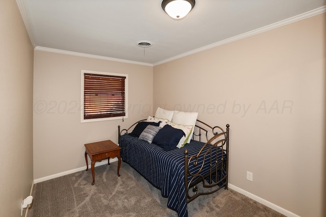 carpeted bedroom featuring ornamental molding