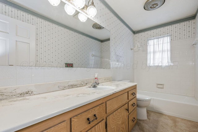 full bathroom with wallpapered walls, toilet, vanity, washtub / shower combination, and ornamental molding