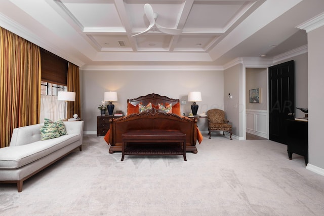 carpeted bedroom with crown molding and coffered ceiling